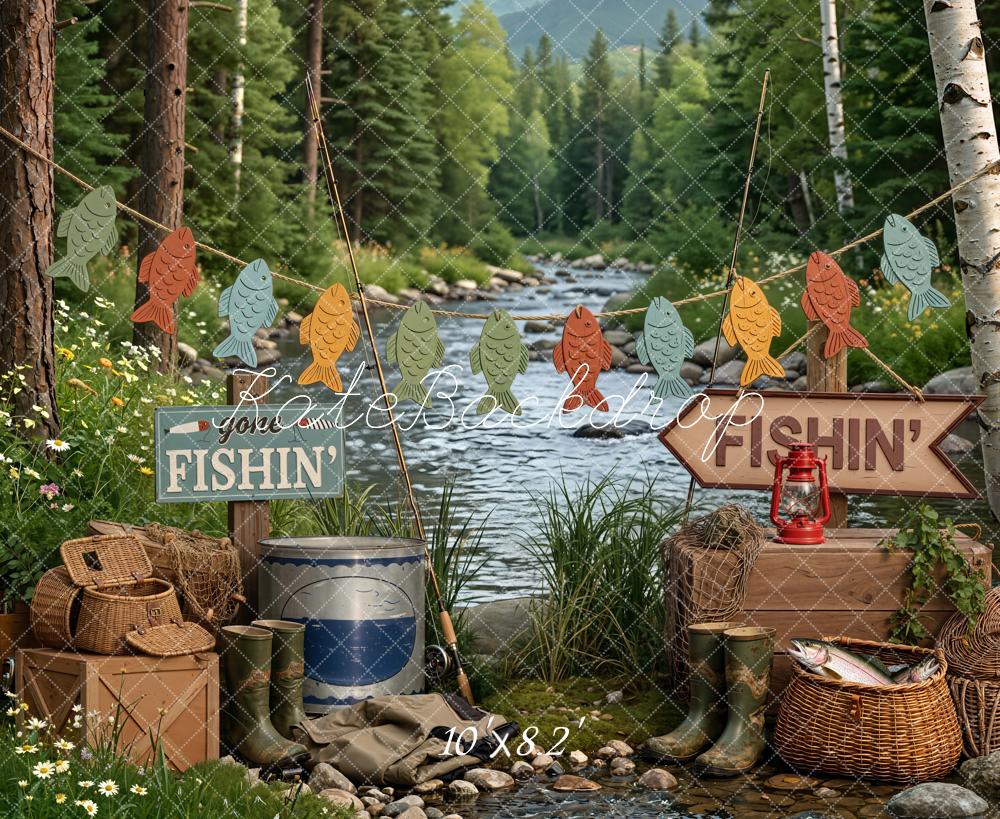 Kate Fishing River Picnic Forest Fleece Backdrop Designed by Emetselch - Image 3