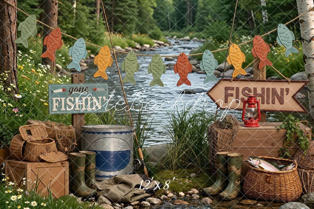 Kate Fishing River Picnic Forest Fleece Backdrop Designed by Emetselch - Image 4