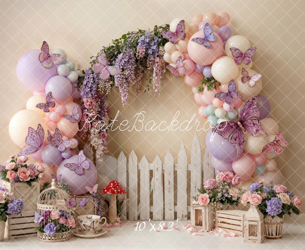Kate Floral Arch Balloons Butterflies Fence Fleece Backdrop Designed by Emetselch - Image 3