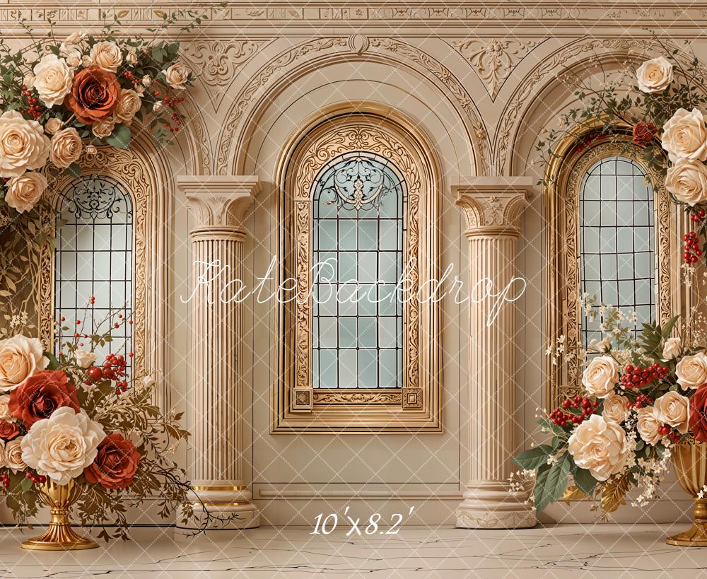 Kate Floral Arch Columns Gold Windows Fleece Backdrop Designed by Emetselch - Image 3