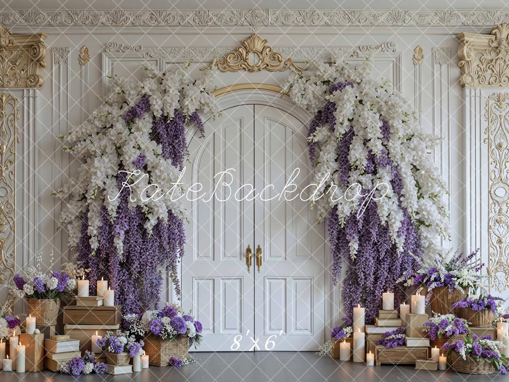 Kate Floral Arch Doors Candles Purple White Backdrop Designed by Mini MakeBelieve - Image 3