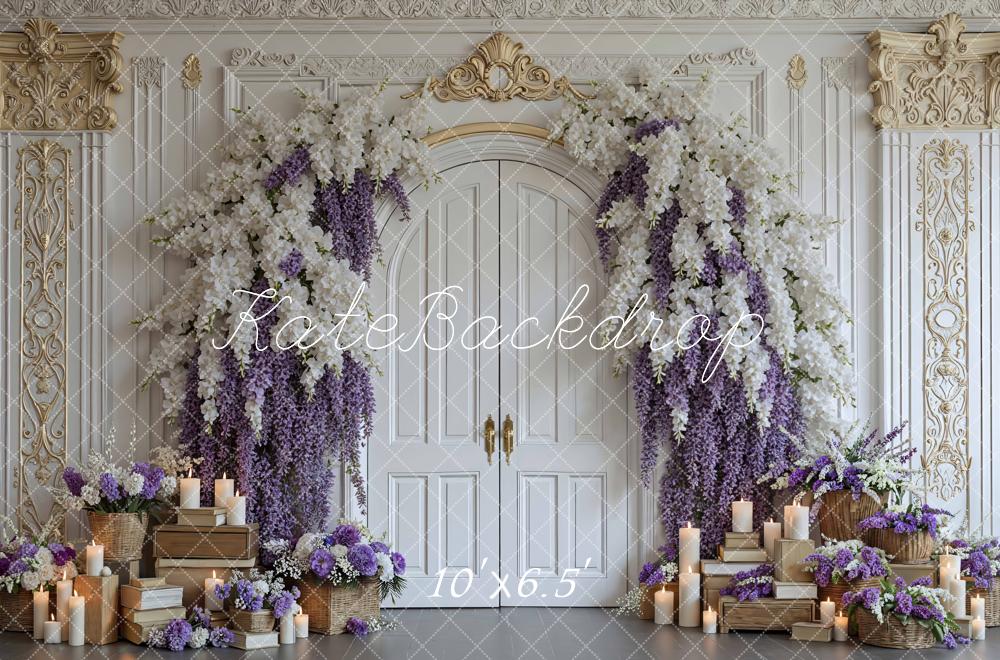 Kate Floral Arch Doors Candles Purple White Backdrop Designed by Mini MakeBelieve - Image 4