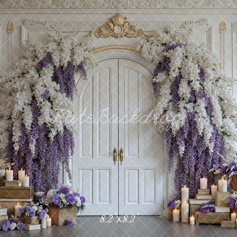 Kate Floral Arch Doors Candles Purple White Backdrop Designed by Mini MakeBelieve - Image 5