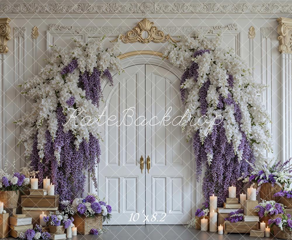 Kate Floral Arch Doors Candles Purple White Backdrop Designed by Mini MakeBelieve - Image 6