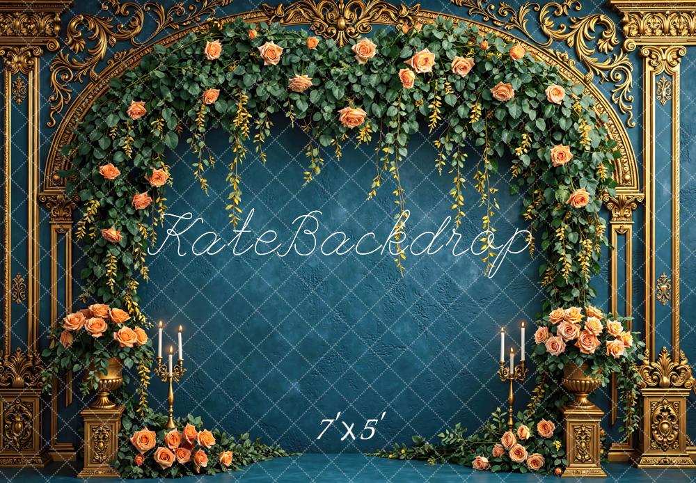Kate Floral Arch Gold Frame Blue Backdrop Designed by Mini MakeBelieve