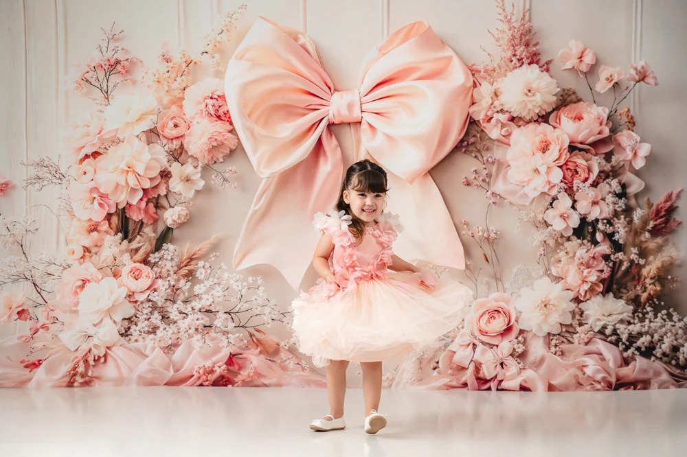 Kate Floral Arch Pink Big Bow Backdrop Designed by Emetselch