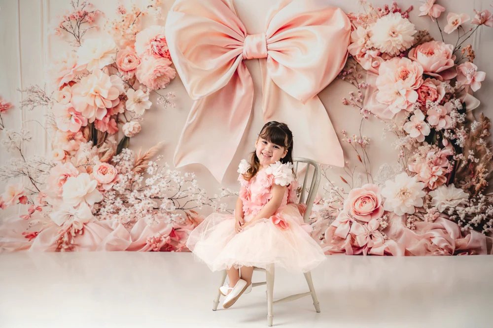 Kate Floral Arch Pink Big Bow Backdrop Designed by Emetselch - Image 4