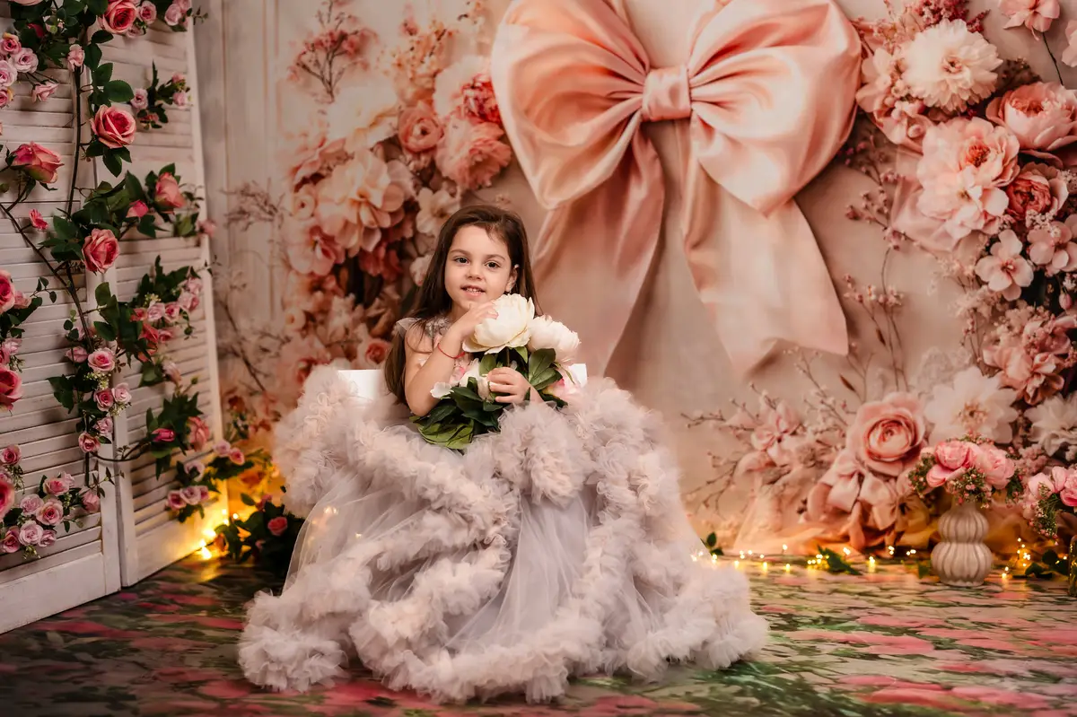 Kate Floral Arch Pink Big Bow Backdrop Designed by Emetselch - Image 5