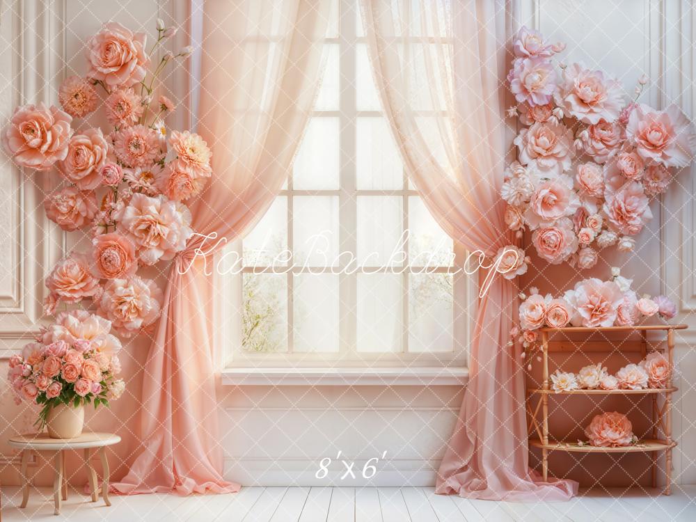 Kate Floral Pink Curtains Window Backdrop Designed by Emetselch - Image 3