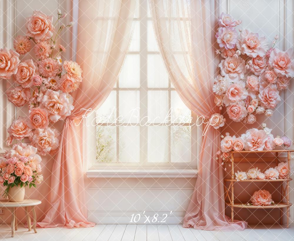 Kate Floral Pink Curtains Window Backdrop Designed by Emetselch - Image 6