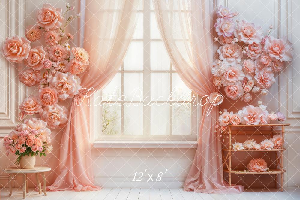 Kate Floral Pink Curtains Window Backdrop Designed by Emetselch - Image 8