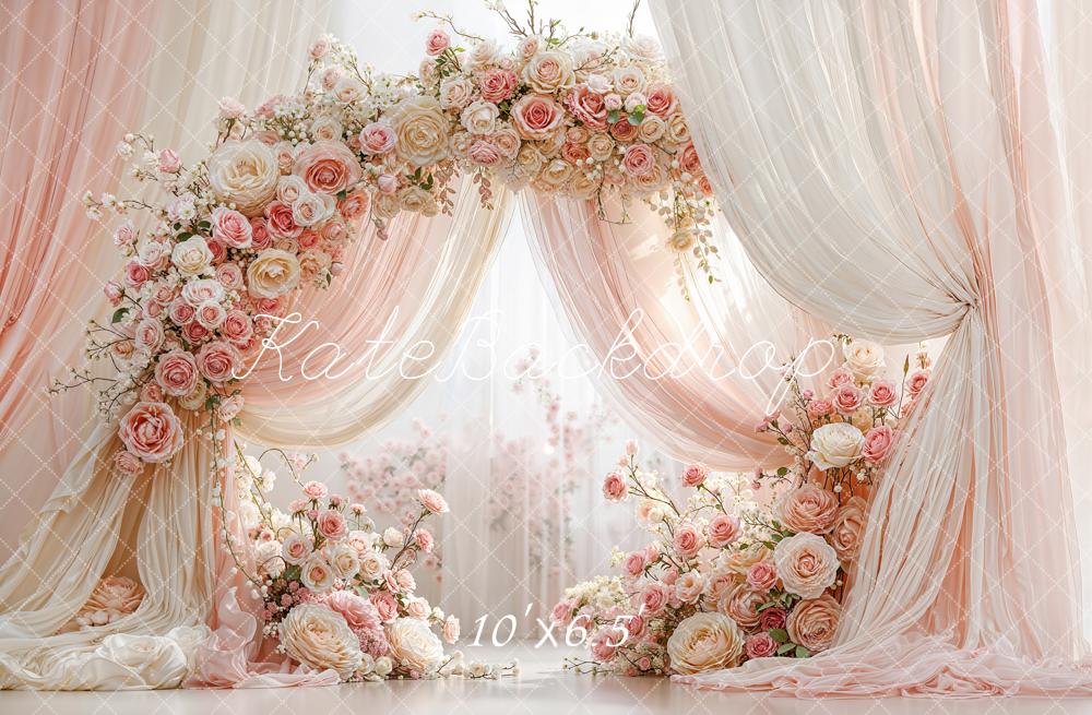 Kate Floral Arch Pink Drapes Fleece Backdrop Designed by Emetselch - Image 2