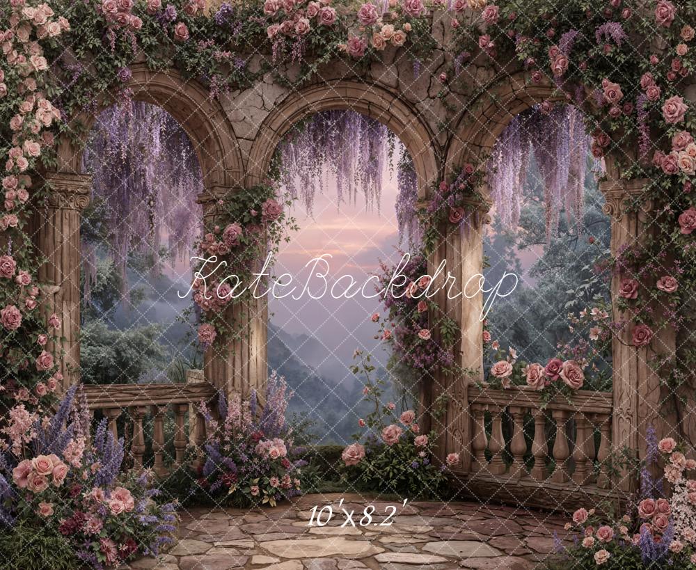 Kate Spring Floral Arch Stone Balcony Backdrop Designed by Emetselch - Image 6