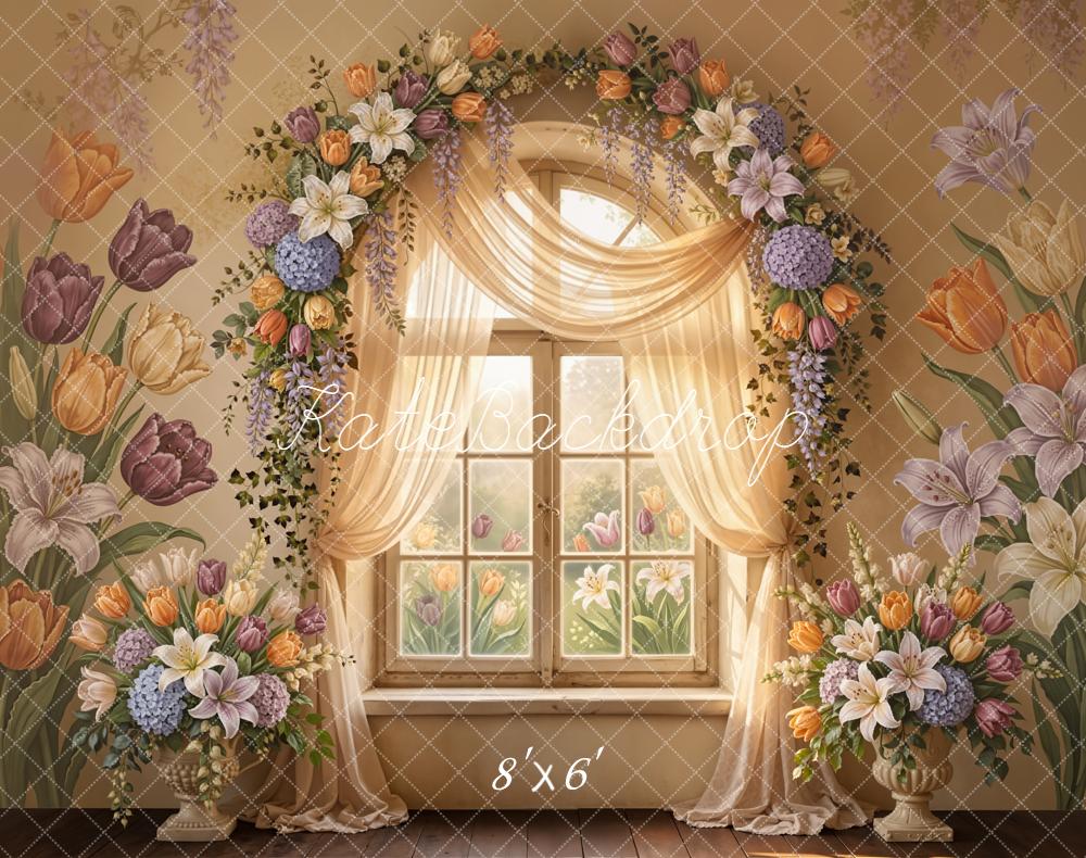 Kate Floral Arch Window Tulips Fleece Backdrop Designed by Emetselch