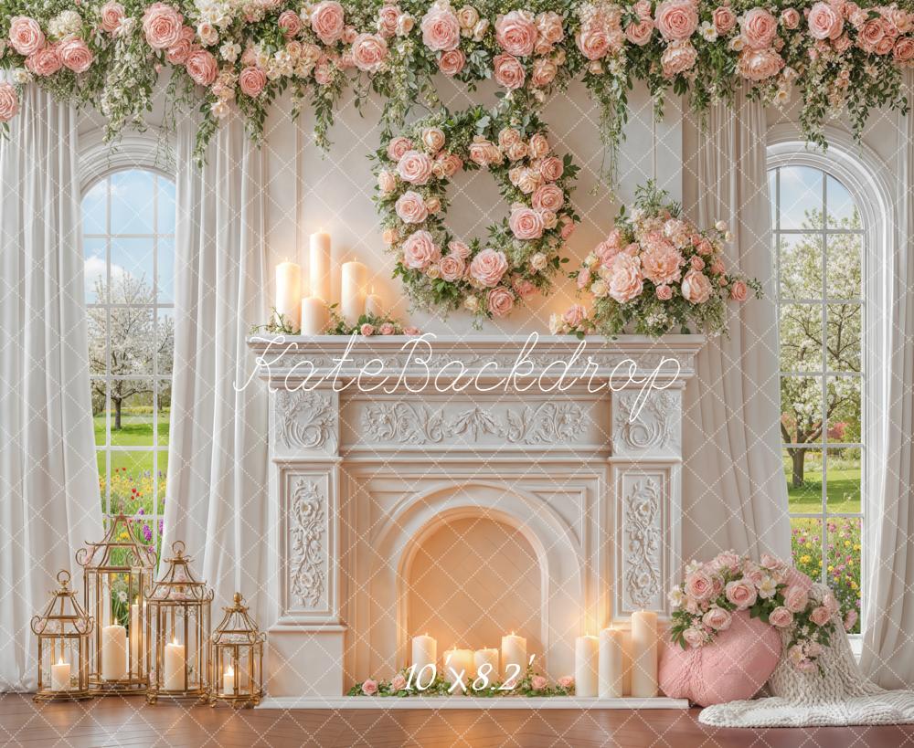 Kate Floral Fireplace Pink Roses Candles Fleece Backdrop Designed by Emstselch - Image 3