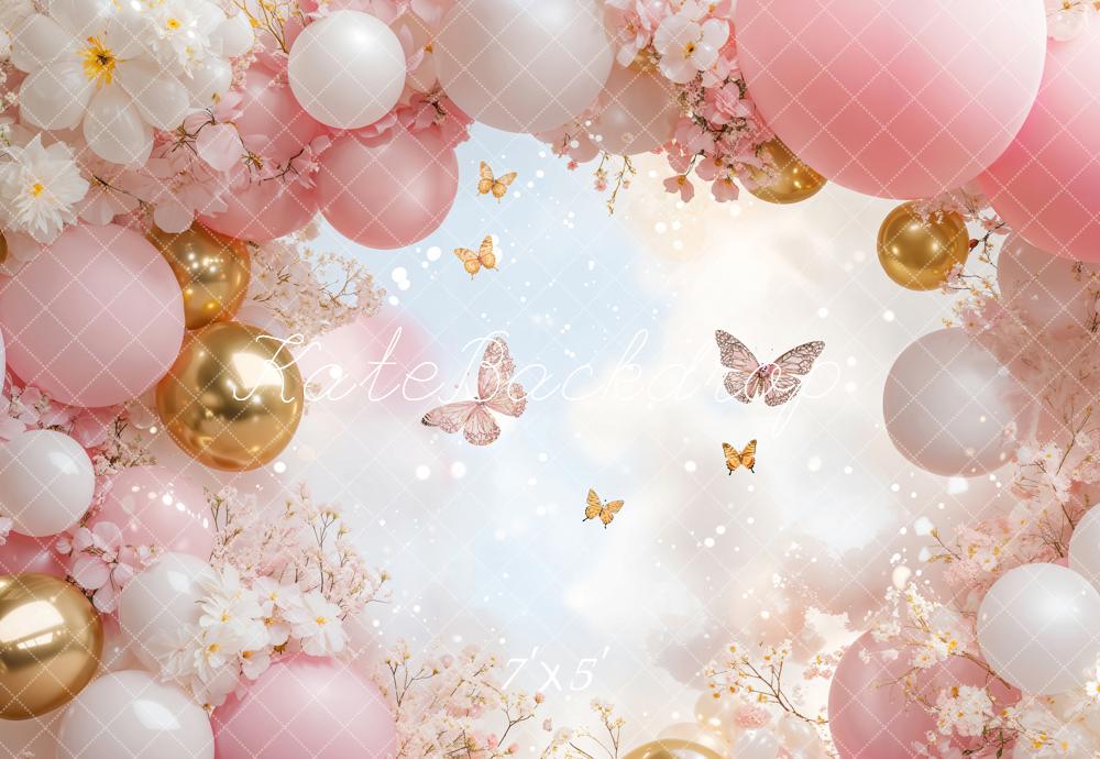 Kate Floral Pink Balloon Butterfly Backdrop Designed by Emetselch - Image 2