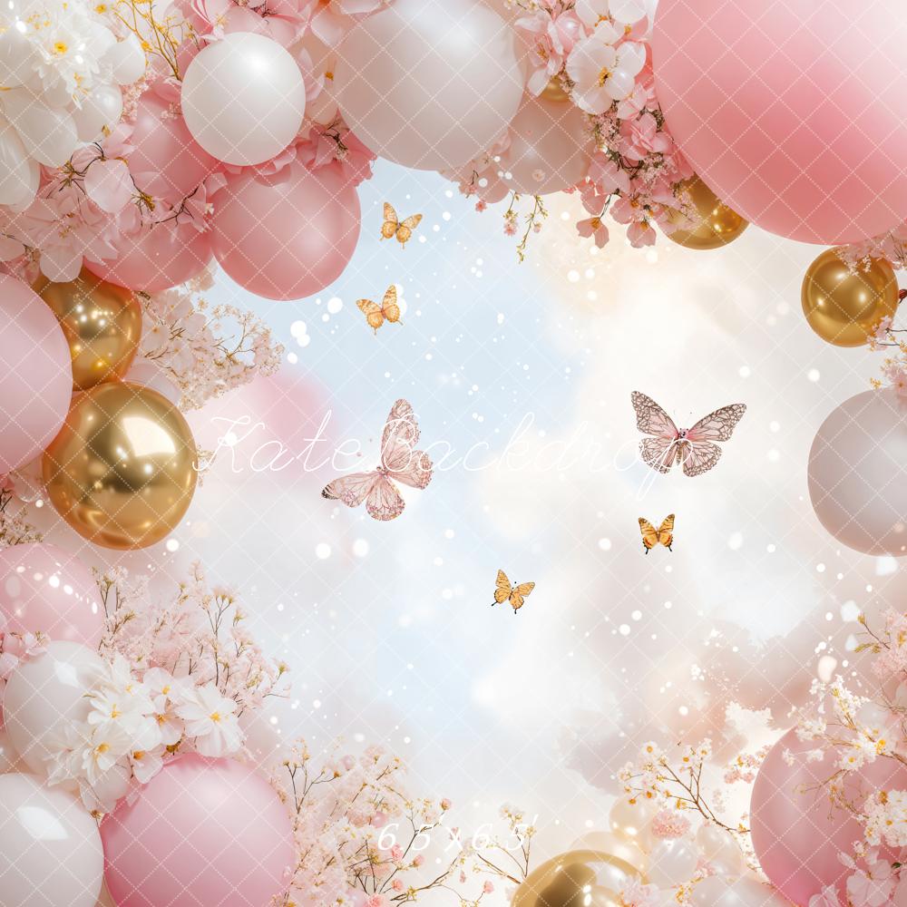 Kate Floral Pink Balloon Butterfly Backdrop Designed by Emetselch - Image 3
