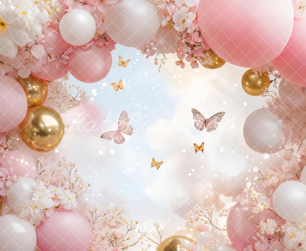 Kate Floral Pink Balloon Butterfly Backdrop Designed by Emetselch - Image 7