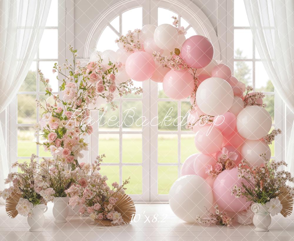Kate Floral Pink Balloons Arch Fleece Backdrop Designed by Emetselch - Image 3