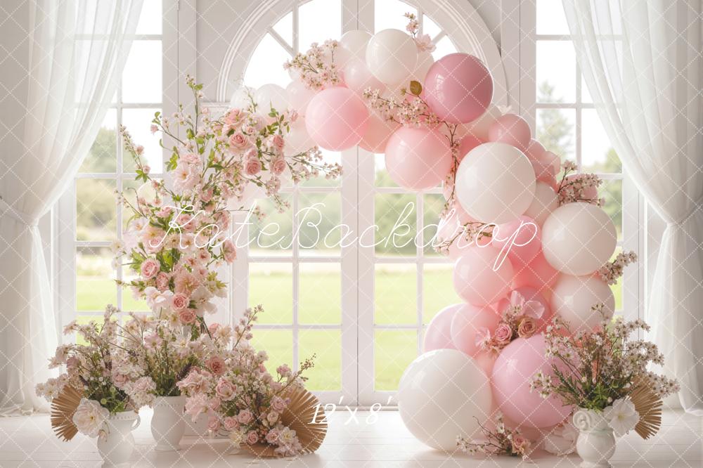 Kate Floral Pink Balloons Arch Fleece Backdrop Designed by Emetselch - Image 4