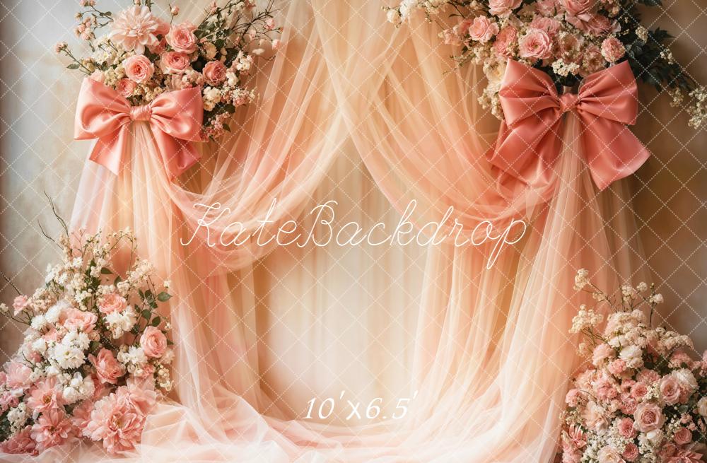 Kate Pink Drapes Bow Floral Fleece Backdrop Designed by Emetselch - Image 2