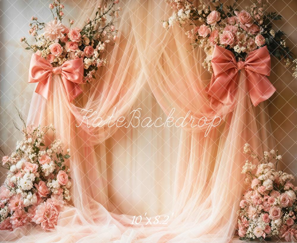 Kate Pink Drapes Bow Floral Fleece Backdrop Designed by Emetselch - Image 3