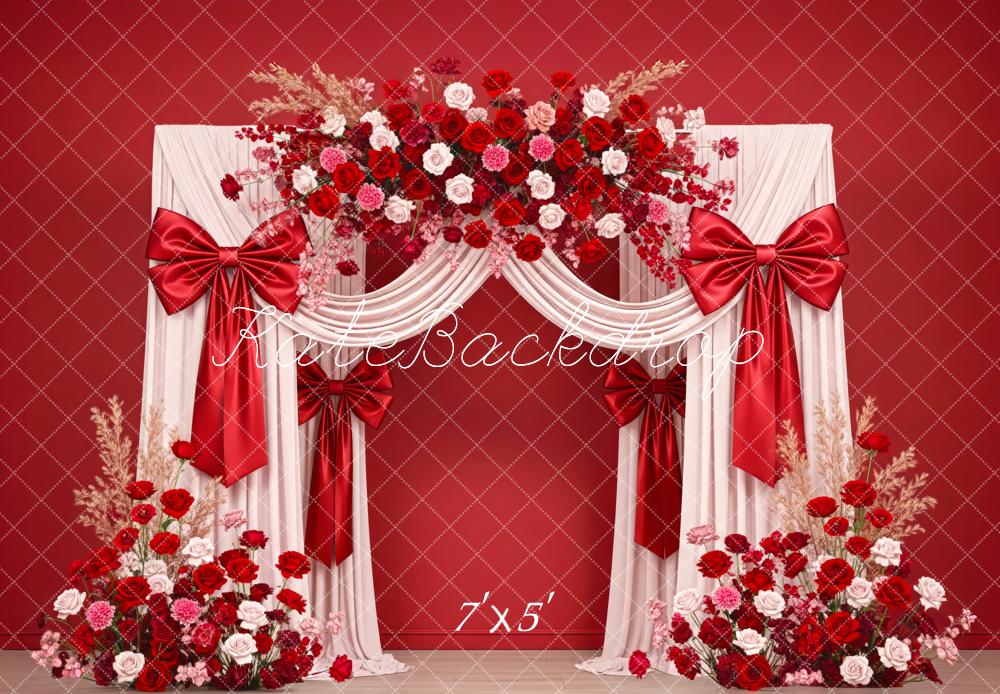 Kate Floral Red Drapes Satin Bows Backdrop Designed by Patty Robert