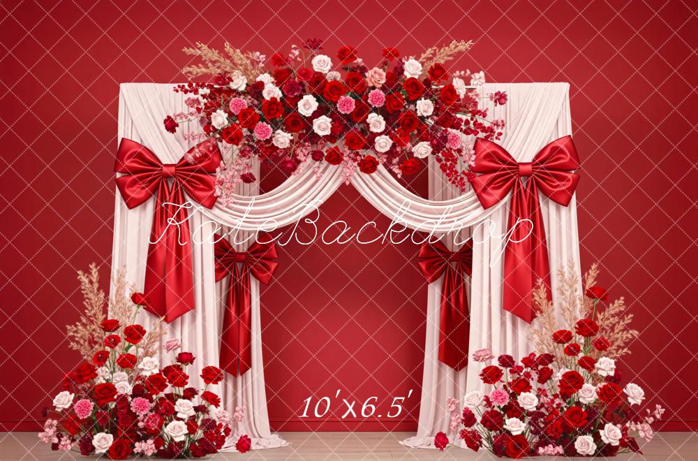 Kate Floral Red Drapes Satin Bows Backdrop Designed by Patty Robert - Image 4