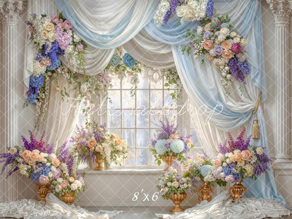 Kate Floral Window Blue Drapes Backdrop Designed by Emetselch - Image 3