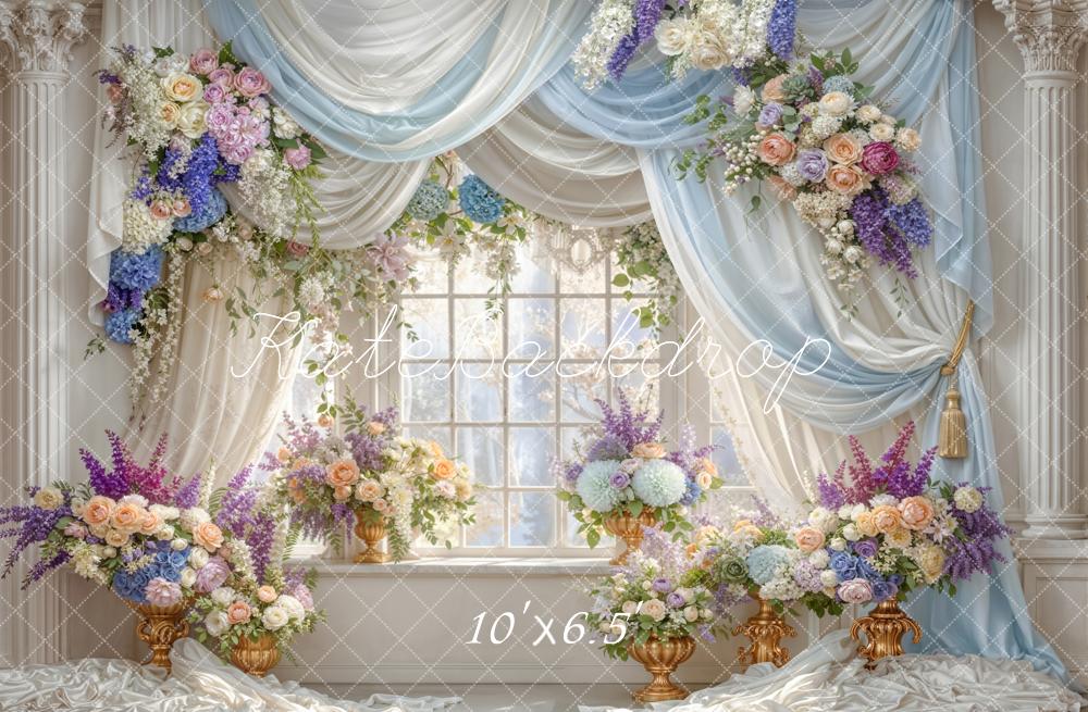 Kate Floral Window Blue Drapes Backdrop Designed by Emetselch - Image 4