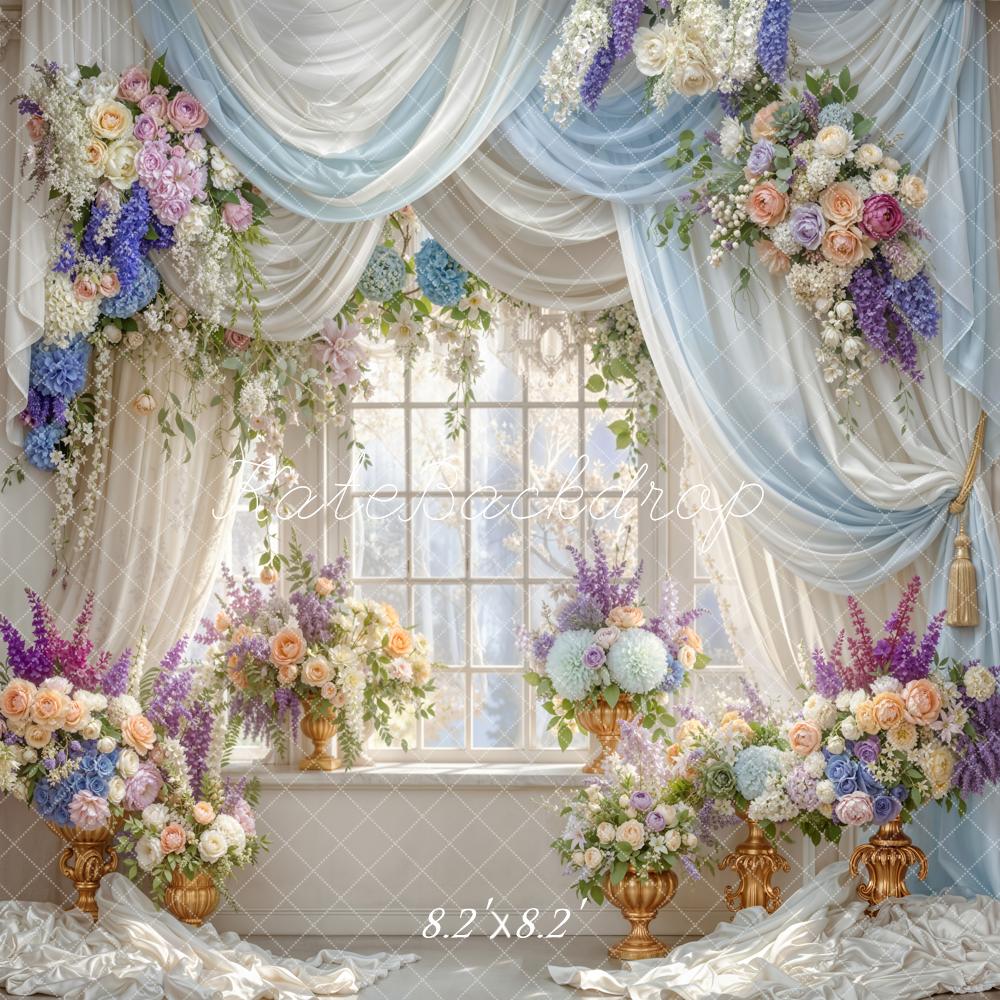 Kate Floral Window Blue Drapes Backdrop Designed by Emetselch - Image 5