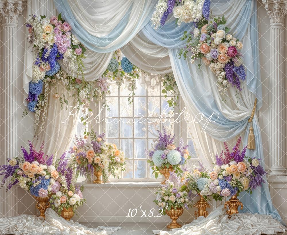 Kate Floral Window Blue Drapes Backdrop Designed by Emetselch - Image 6