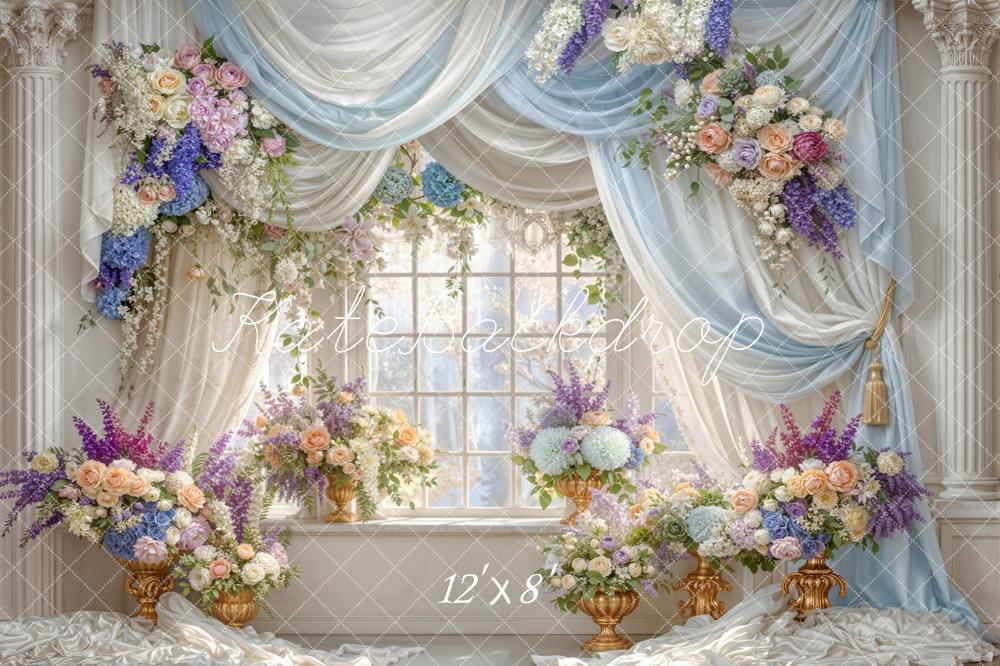Kate Floral Window Blue Drapes Backdrop Designed by Emetselch - Image 8