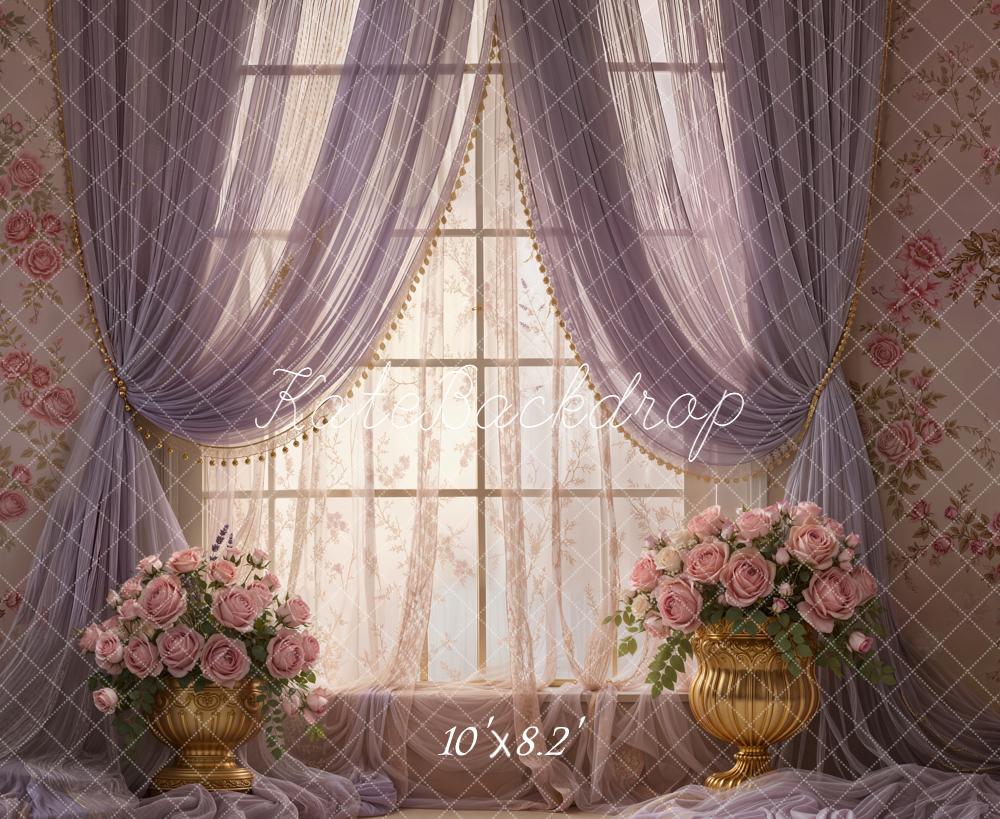 Kate Floral Window Purple Curtains Gold Vases Fleece Backdrop Designed by Emetselch - Image 3