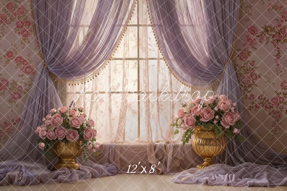 Kate Floral Window Purple Curtains Gold Vases Fleece Backdrop Designed by Emetselch - Image 4