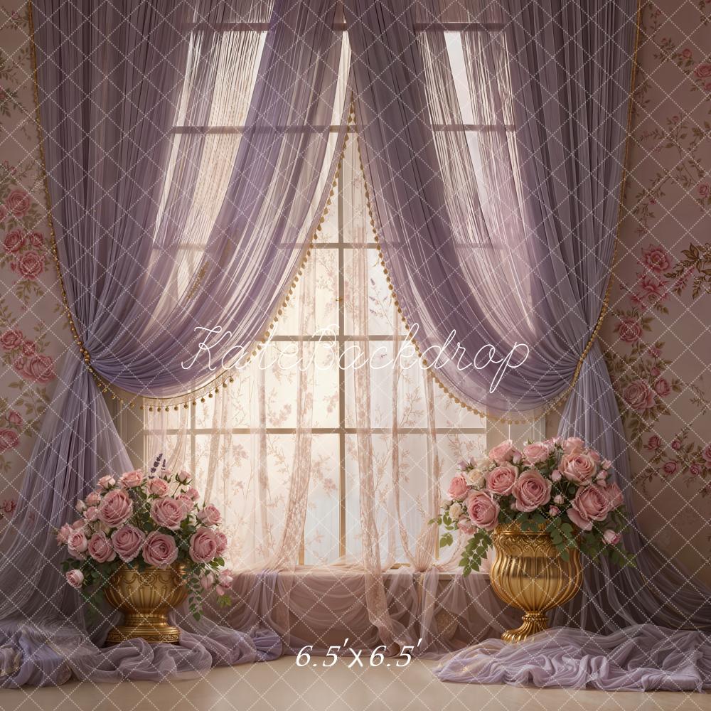 Kate Floral Window Purple Drapes Gold Vases Backdrop Designed by Emetselch - Image 2
