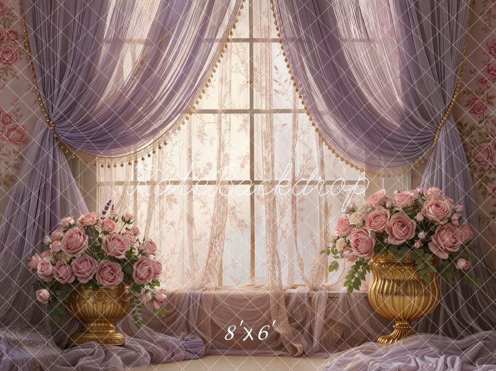 Kate Floral Window Purple Drapes Gold Vases Backdrop Designed by Emetselch - Image 3