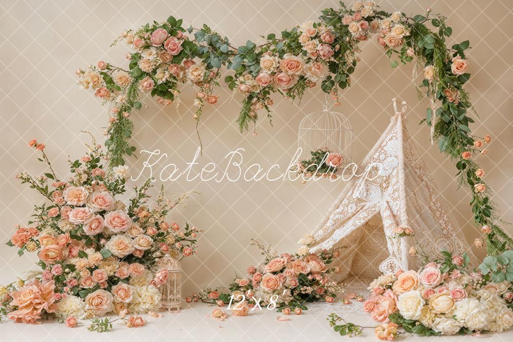 Kate Spring Lace Teepee Cream Roses Fleece Backdrop Designed by Emetselch - Image 4