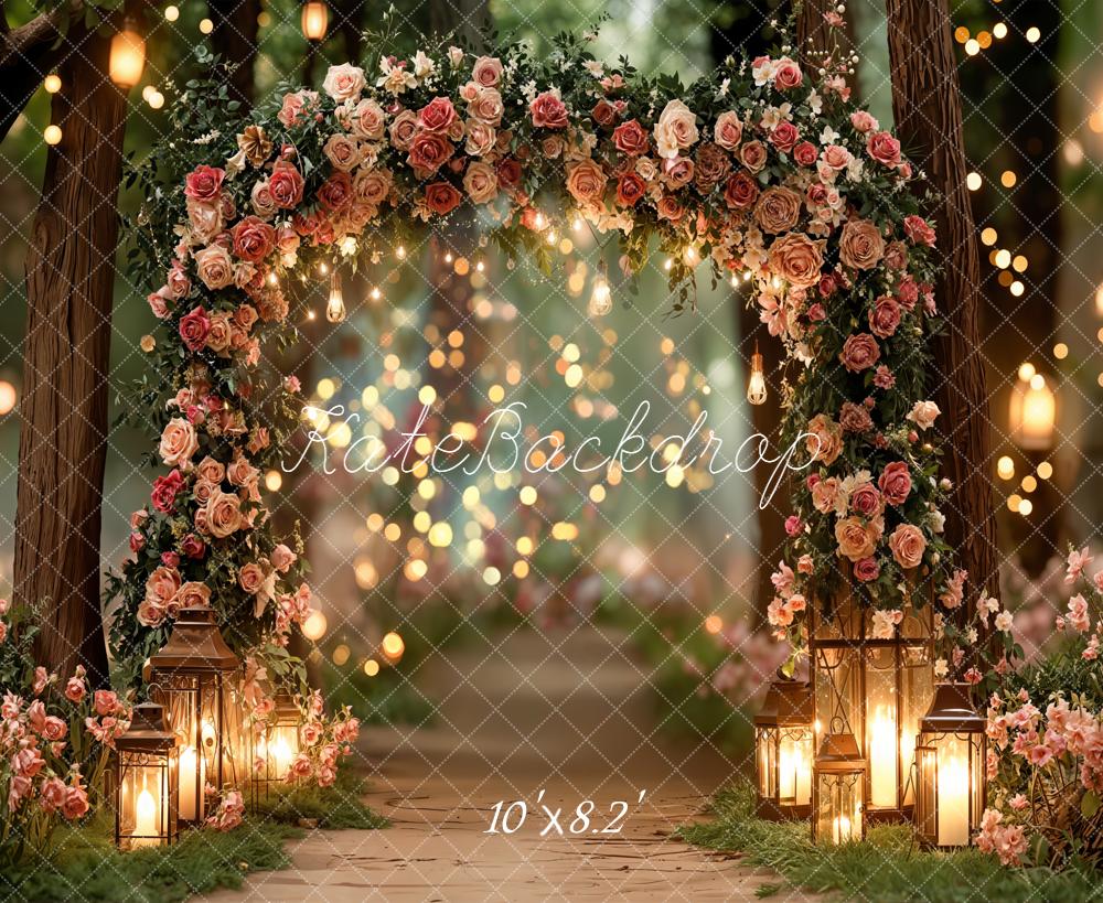 Kate Floral Arch Lanterns Bokeh Forest Fleece Backdrop Designed by Emetselch - Image 3