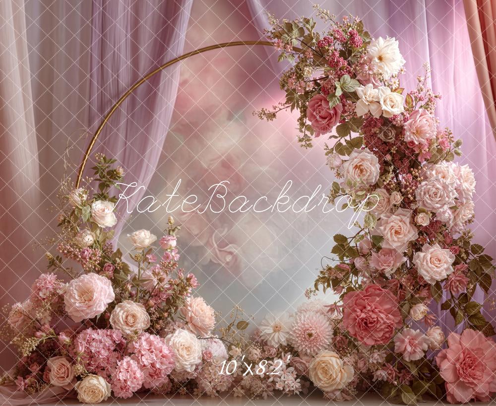 Kate Floral Arch Pink Drapes Fleece Backdrop Designed by Emetselch - Image 3
