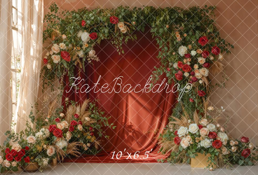 Kate Boho Floral Red Curtain Roses Fleece Backdrop Designed by Emetselch - Image 2