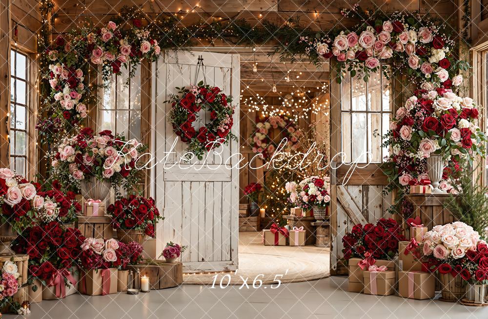 Kate Valentine Roses Rustic White Door Fleece Backdrop Designed by Emetselch - Image 2