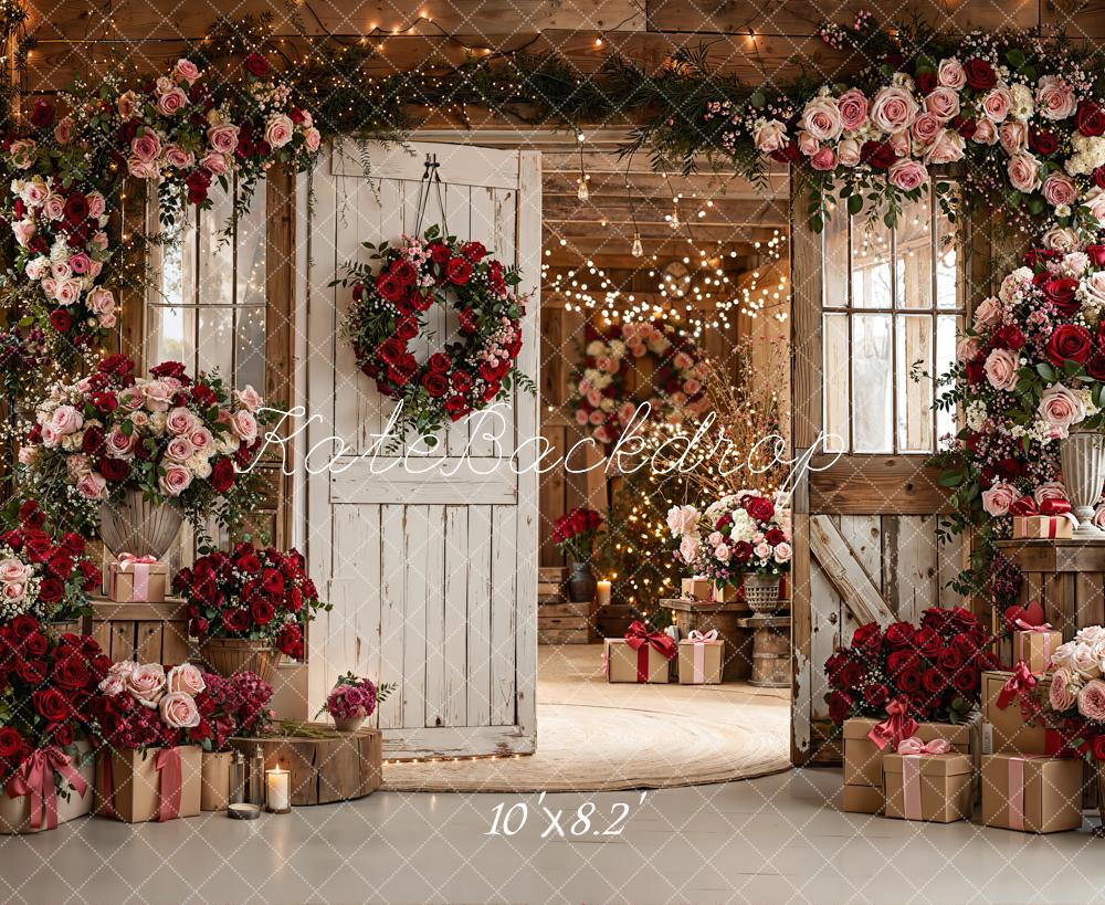 Kate Valentine Roses Rustic White Door Fleece Backdrop Designed by Emetselch - Image 3