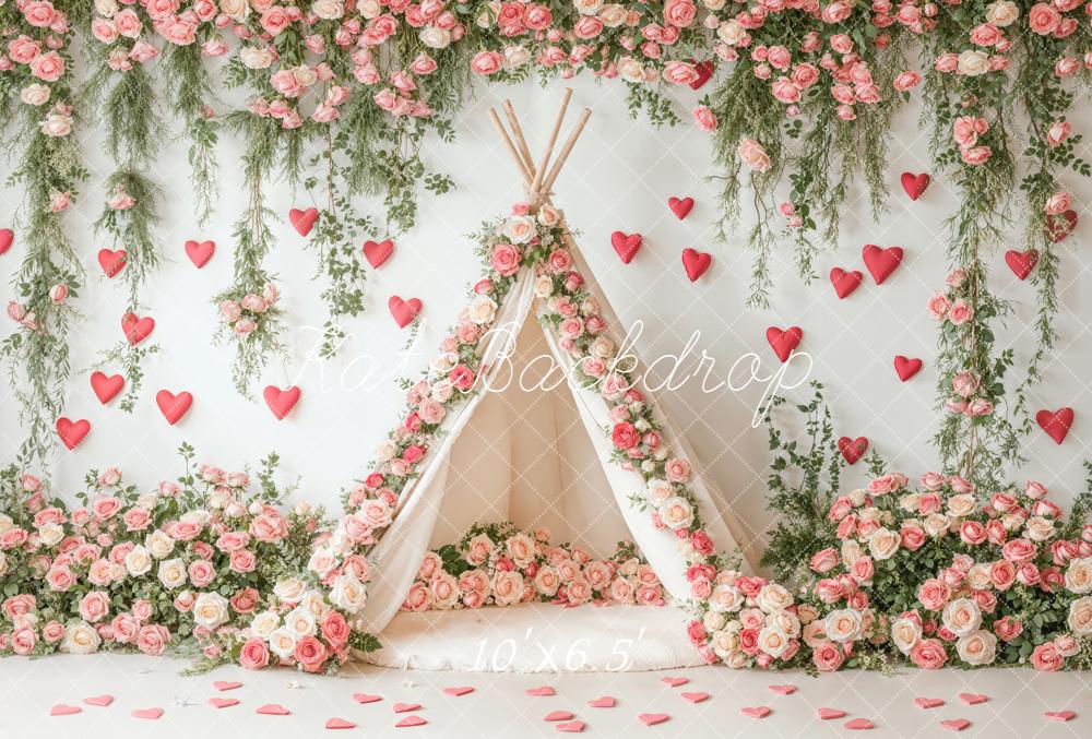 Kate Flower Arch Tent Pink Roses Hearts Fleece Backdrop Designed by Emetselch - Image 2