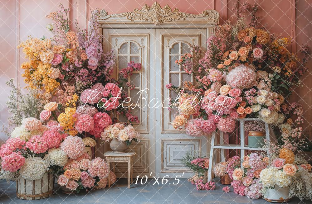 Kate Spring Flower Arch Vintage Door Pink Fleece Backdrop Designed by Emetselch - Image 2