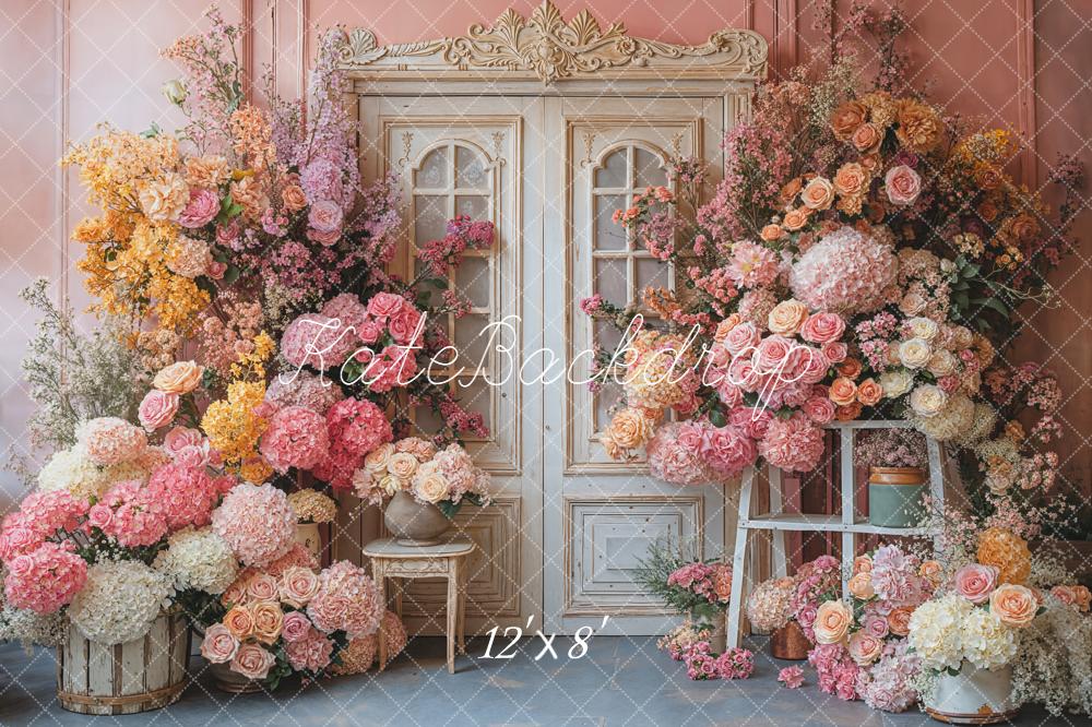 Kate Spring Flower Arch Vintage Door Pink Fleece Backdrop Designed by Emetselch - Image 4