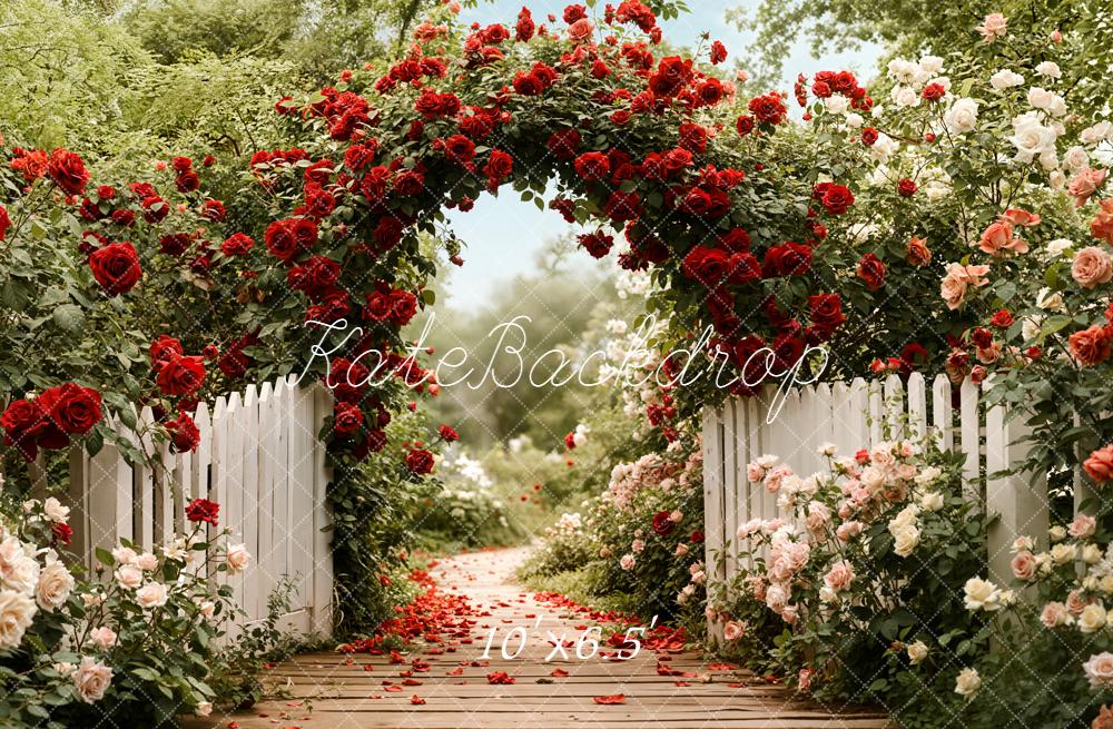 Kate Floral Arch White Fence Garden Fleece Backdrop Designed by Emetselch - Image 2