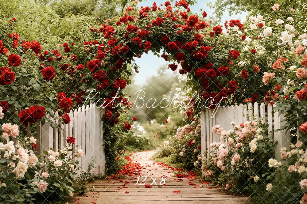 Kate Floral Arch White Fence Garden Fleece Backdrop Designed by Emetselch - Image 4