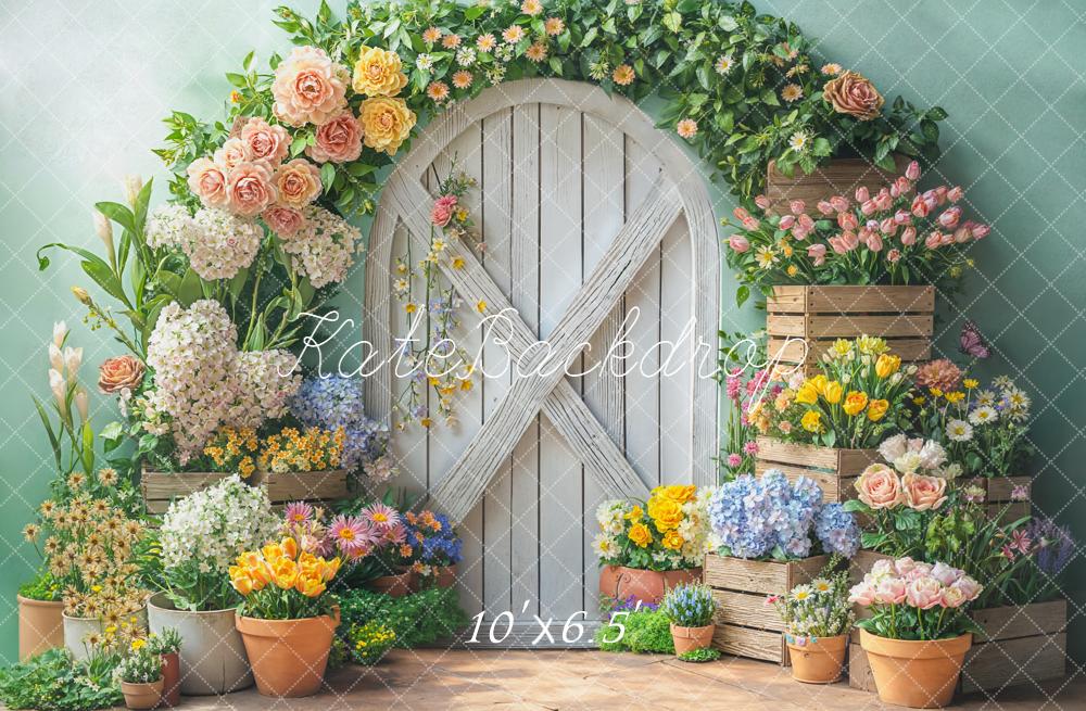 Kate Spring Garland Wooden Door Crates Fleece Backdrop Designed by Emetselch - Image 2