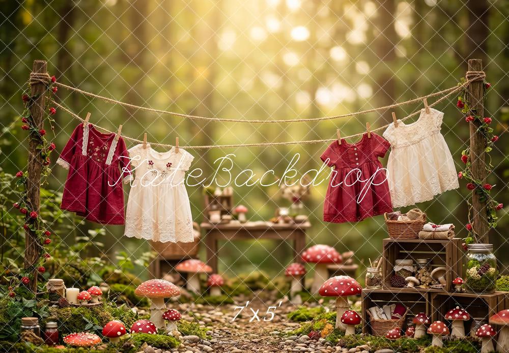 Kate Forest Clothesline Mushrooms Rustic Backdrop Designed by Patty Robert